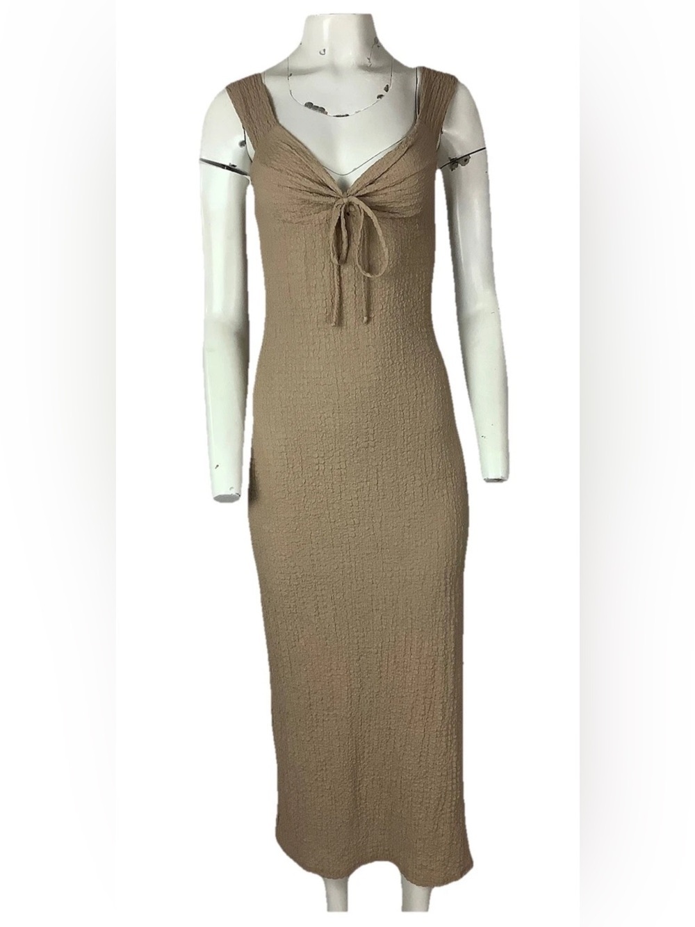 See You Monday Sz L Textured Maxi Tie Front Bodycon Party Club Dress Brown
